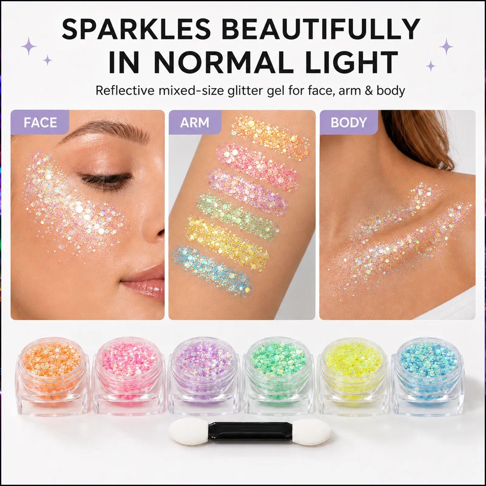 Water based self adhesive glitter formula drying quickly on skin without requiring additional makeup glue