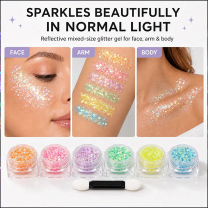 Water based self adhesive glitter formula drying quickly on skin without requiring additional makeup glue