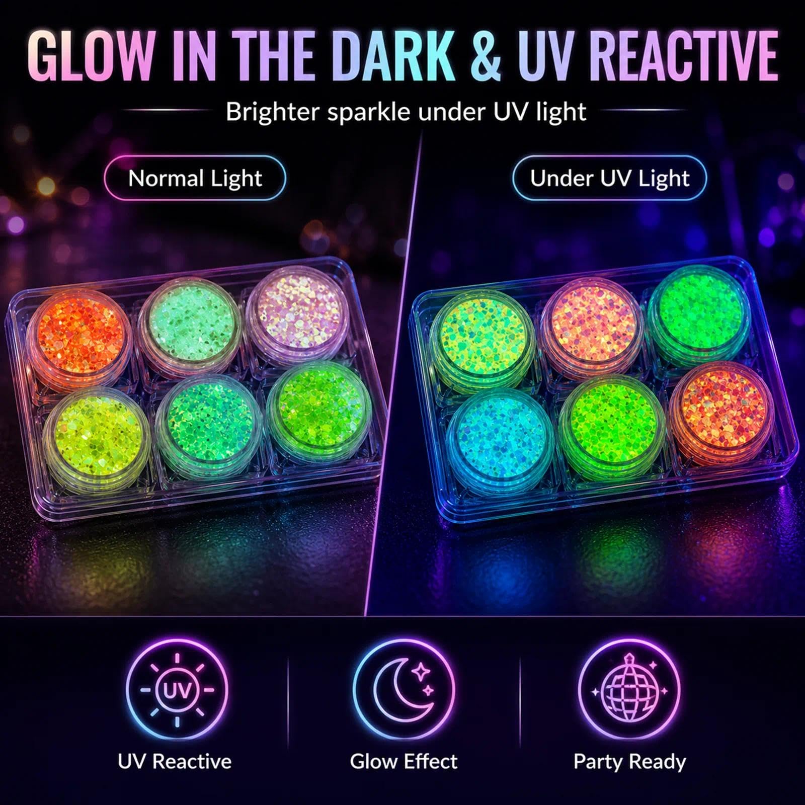 Complete packaging of MiraWish six piece luminous carnival hair and body glitter gel set for rave parties
