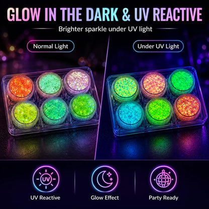 Complete packaging of MiraWish six piece luminous carnival hair and body glitter gel set for rave parties
