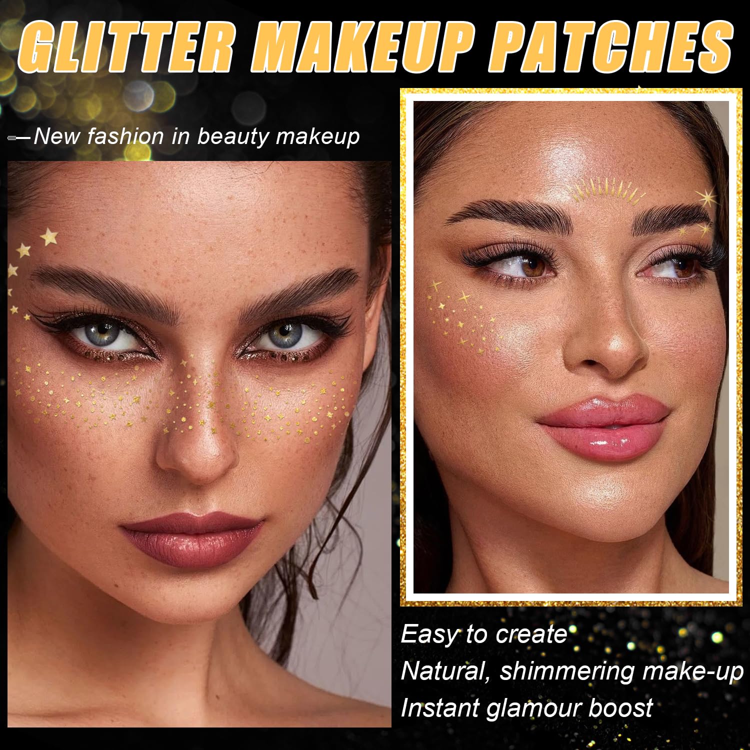 Close up of metallic gold glitter freckles face tattoo stickers for teenagers and festival makeup looks