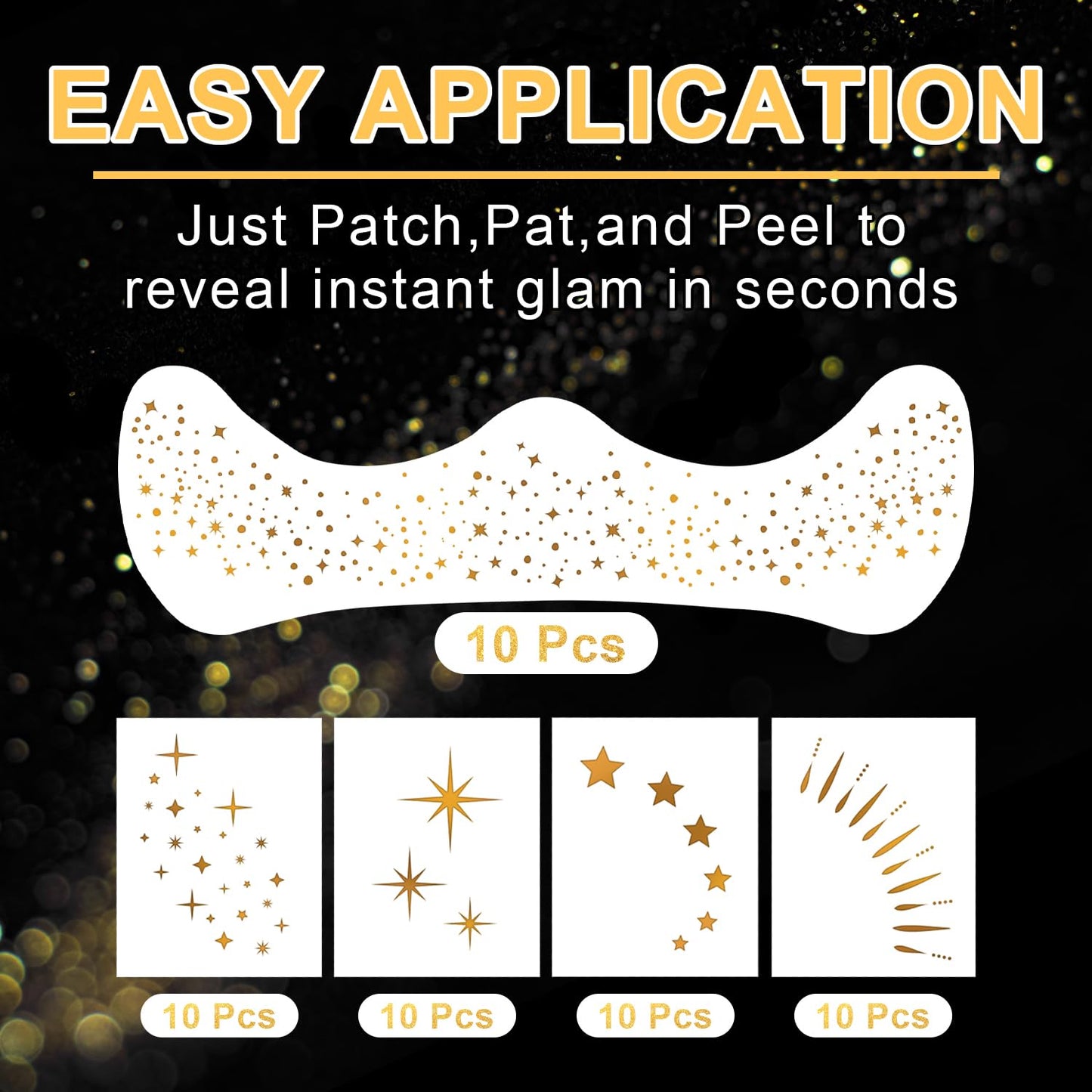 Model showing celestial star pattern temporary tattoos worn over baseline facial cosmetics