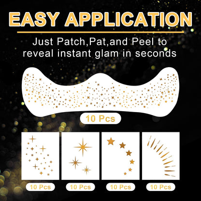 Model showing celestial star pattern temporary tattoos worn over baseline facial cosmetics