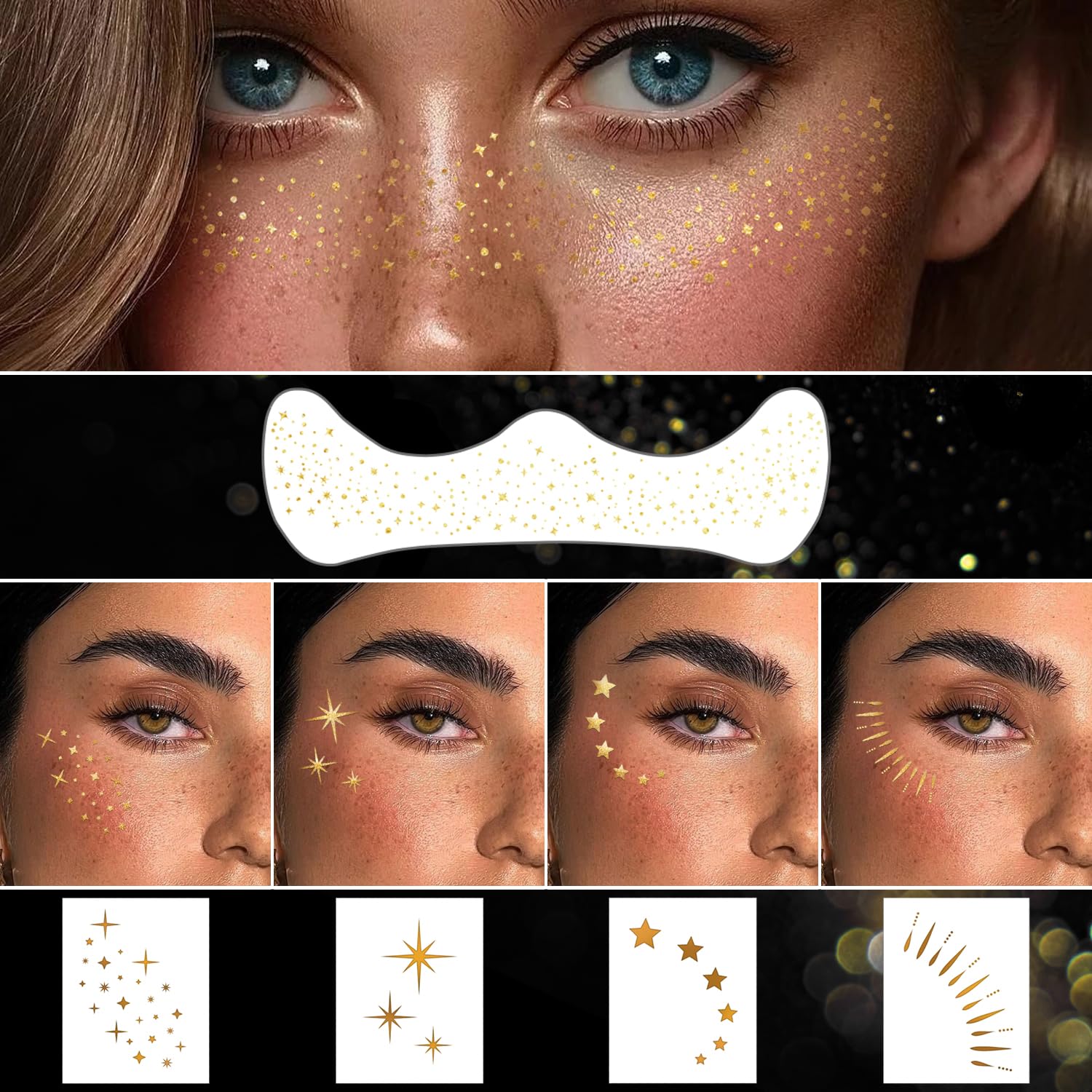 Packaging view of the 20 count gold face makeup patches highlighting the skin friendly product texture