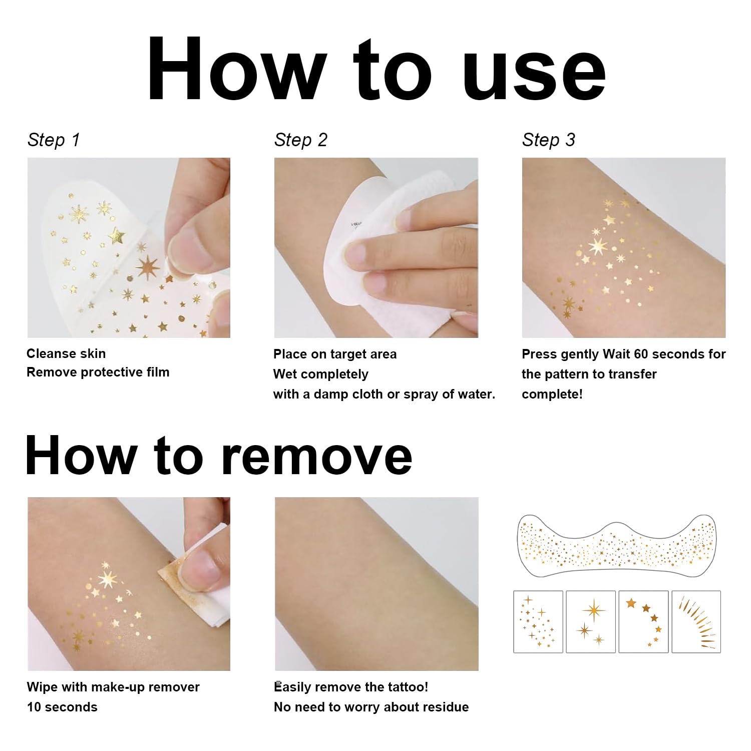 Demostration of removing the gold metallic glitter patches safely using standard cosmetic cleansing oil