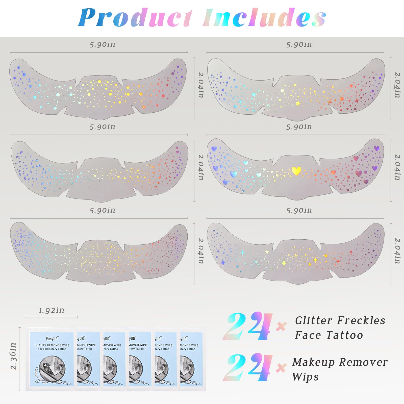 Close up view of the laser rainbow star and heart patterned temporary tattoo sheets included in the package