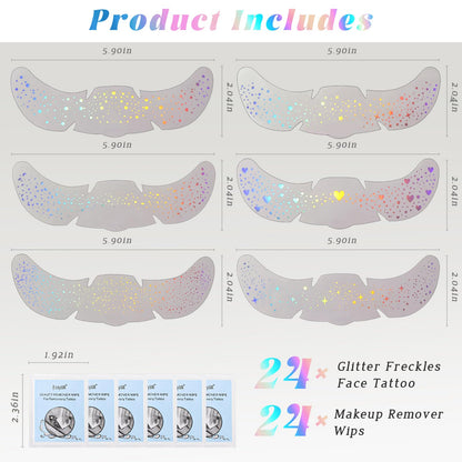 Close up view of the laser rainbow star and heart patterned temporary tattoo sheets included in the package