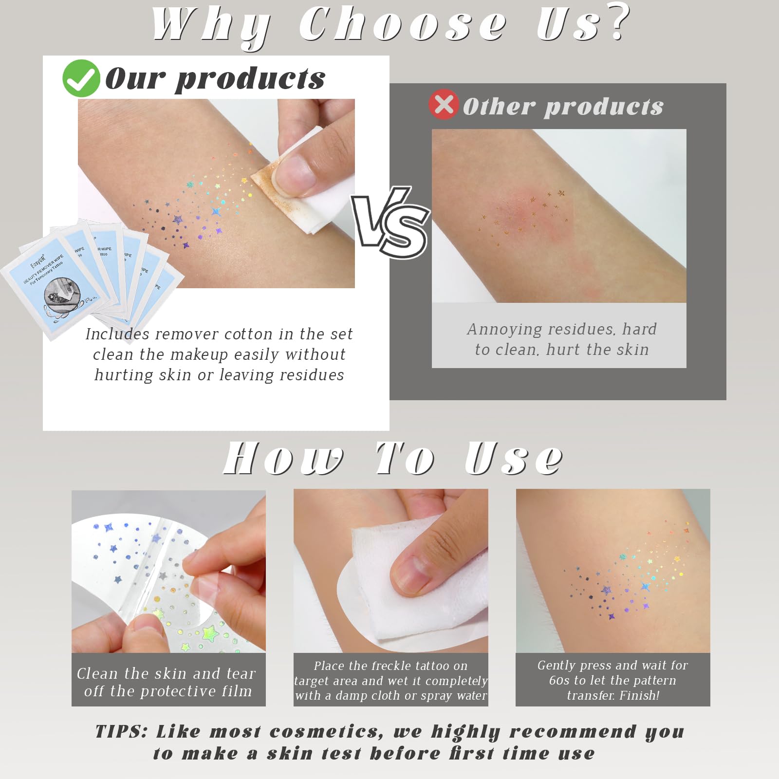 Different angles of the multi-colored shifting chameleon glitter freckle face tattoo layouts for cosmic makeup themes