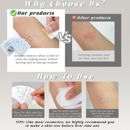 Different angles of the multi-colored shifting chameleon glitter freckle face tattoo layouts for cosmic makeup themes