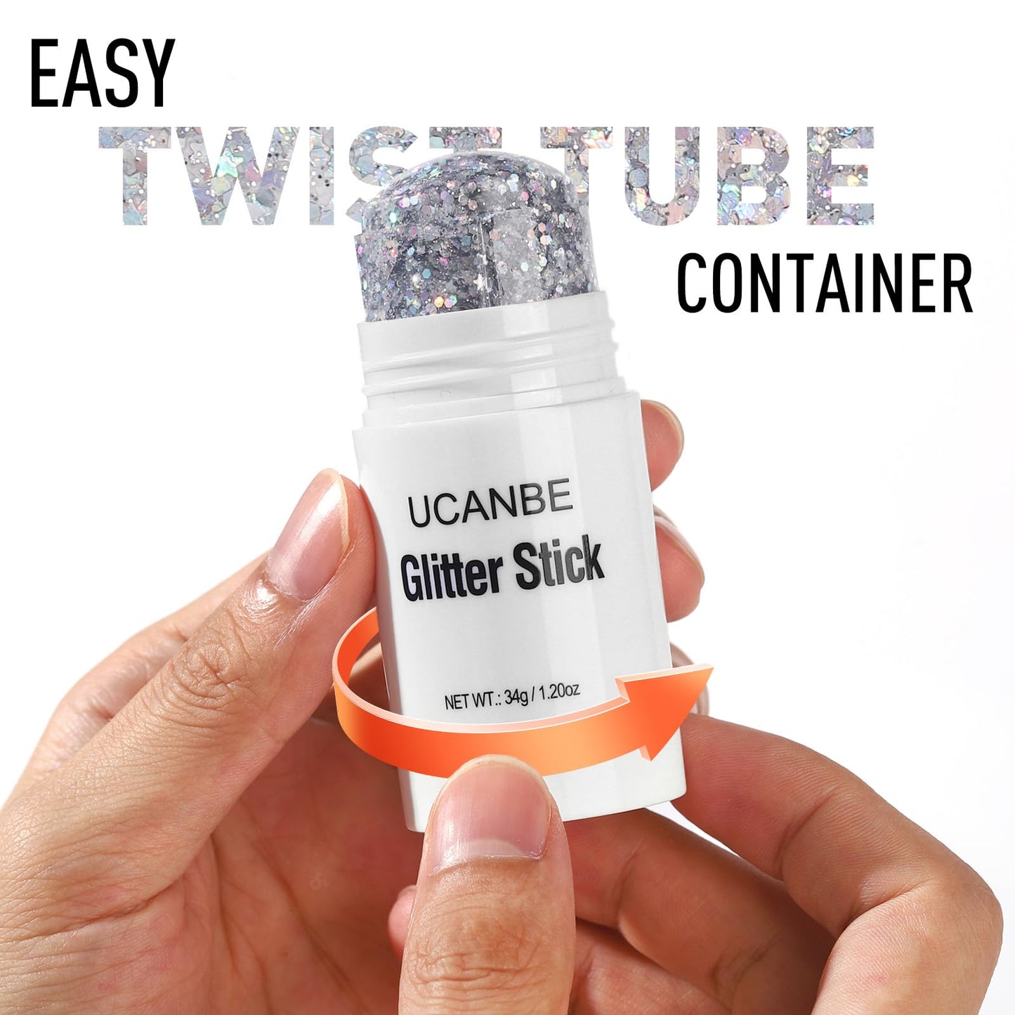 UCANBE chunky silver glitter formula swiped on skin showcasing star and hexagonal sequins