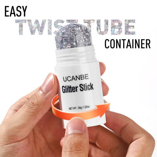 UCANBE chunky silver glitter formula swiped on skin showcasing star and hexagonal sequins