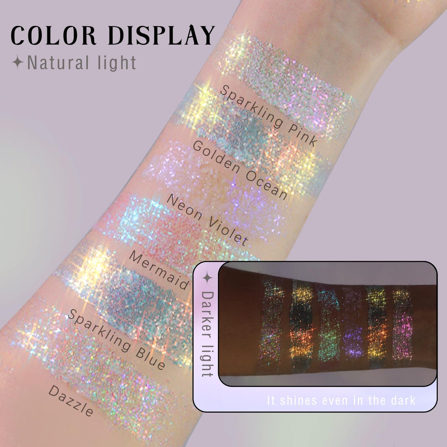 Chunky mermaid sequins from the HOSAILY body shimmer gel sparkling on long hair strands
