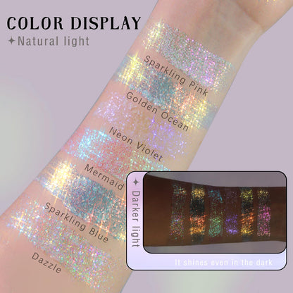 Chunky mermaid sequins from the HOSAILY body shimmer gel sparkling on long hair strands