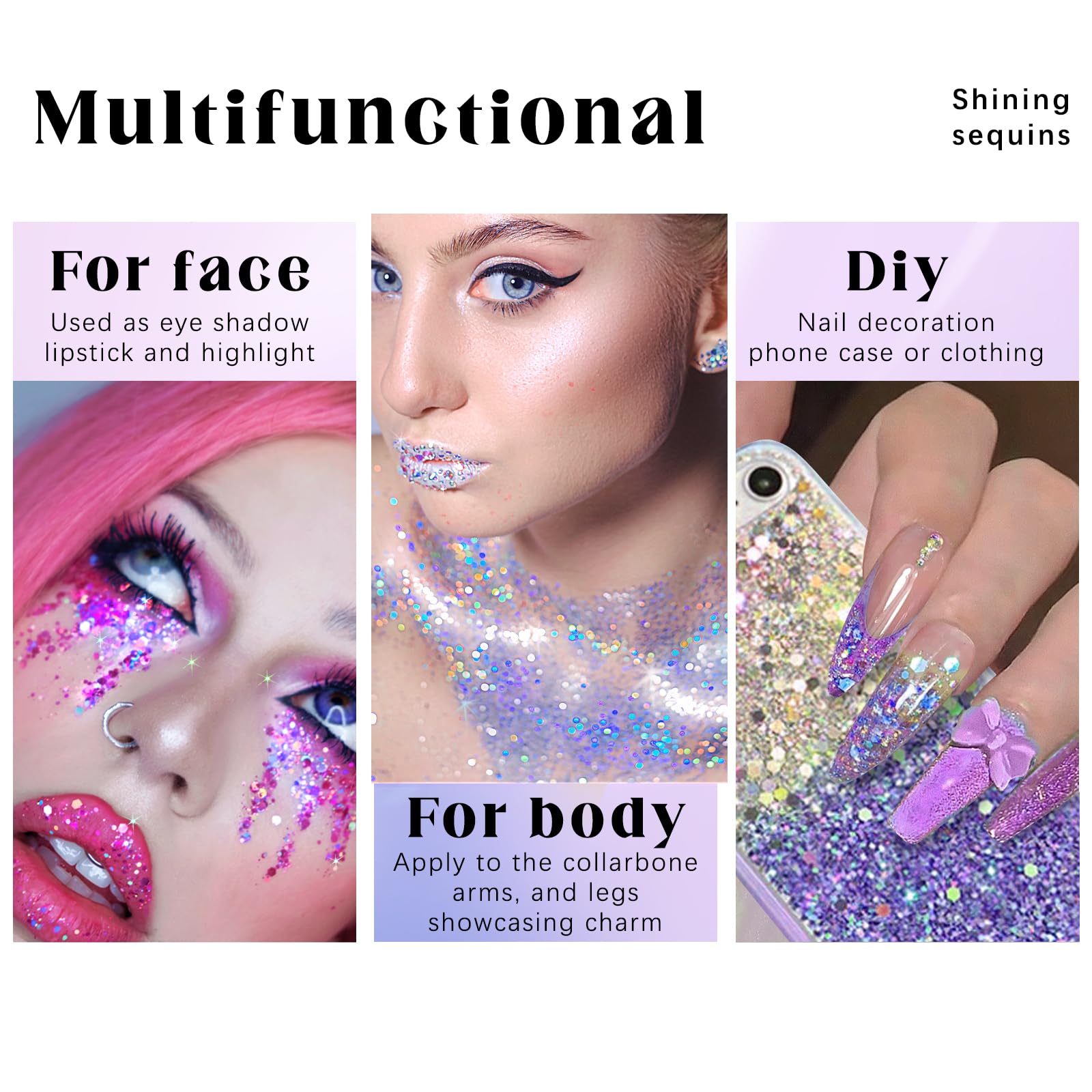 HOSAILY dual color glitter pack showing the color-changing effect on skin under night lighting