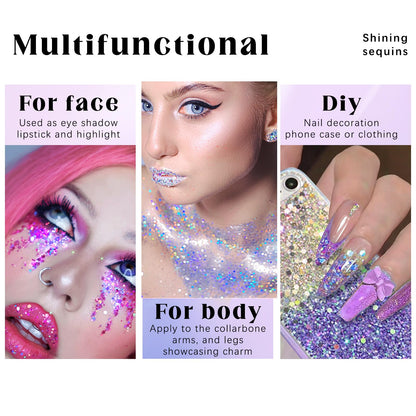 HOSAILY dual color glitter pack showing the color-changing effect on skin under night lighting