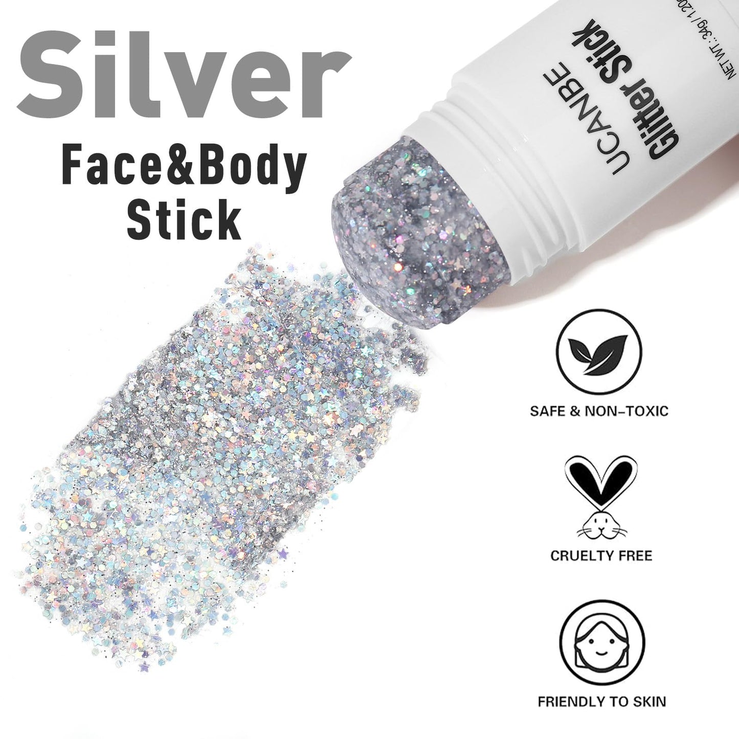 Model wearing UCANBE holographic silver mermaid glitter on cheekbones and hair for a concert look
