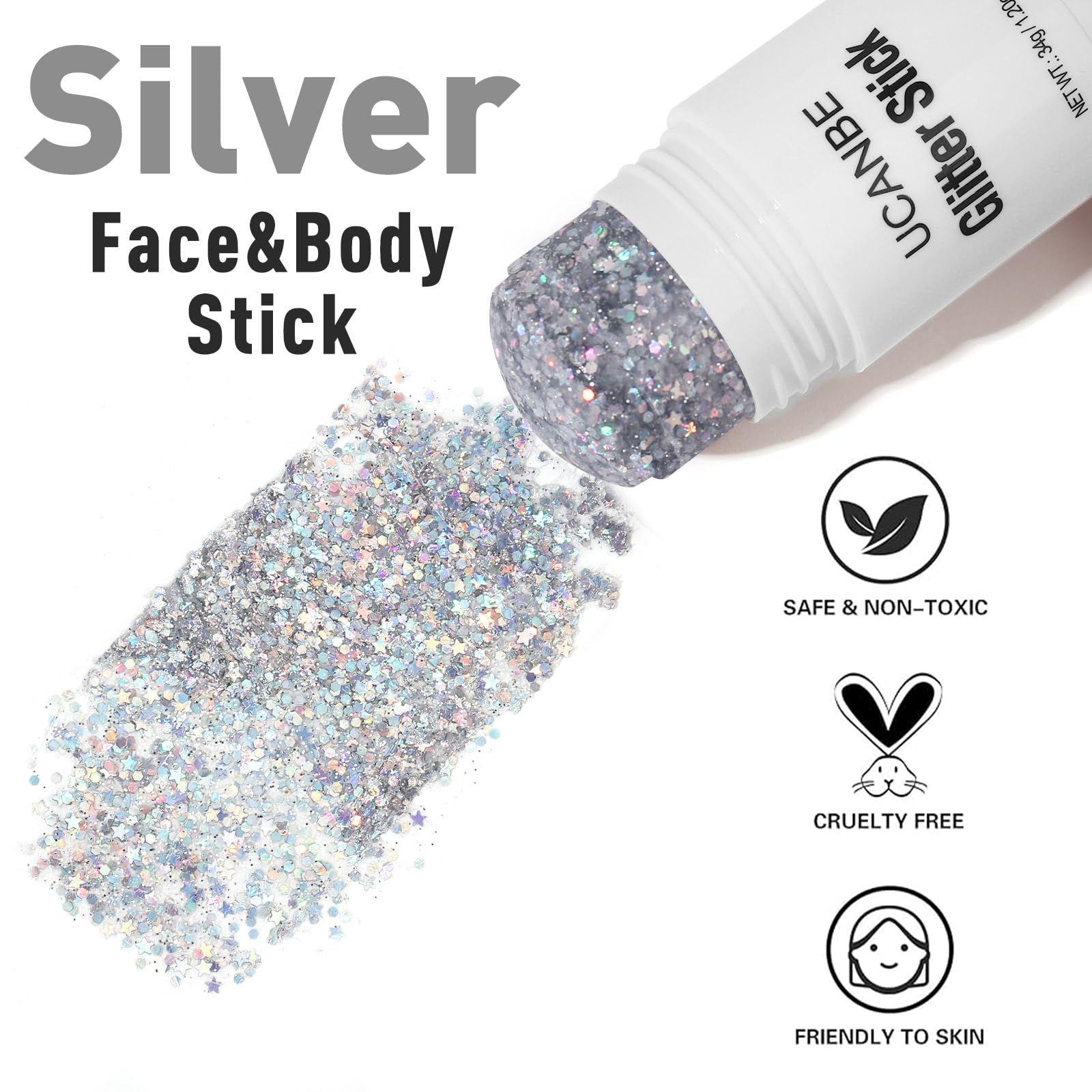 Model wearing UCANBE holographic silver mermaid glitter on cheekbones and hair for a concert look