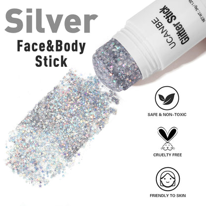 Model wearing UCANBE holographic silver mermaid glitter on cheekbones and hair for a concert look