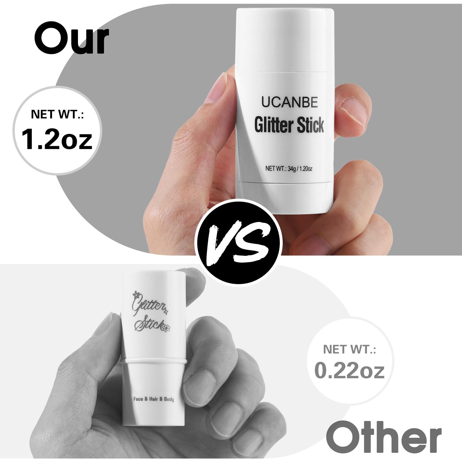 UCANBE non toxic glitter crayon stick container with cap off highlighting the silver shade