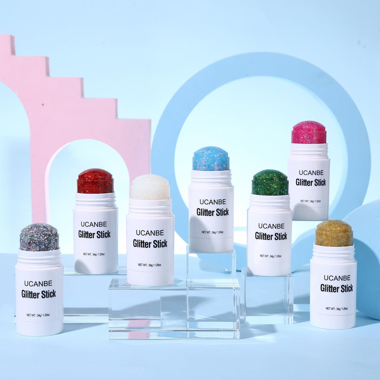 UCANBE 1.20 Ounce silver body glitter stick packaging dimensions and product features display