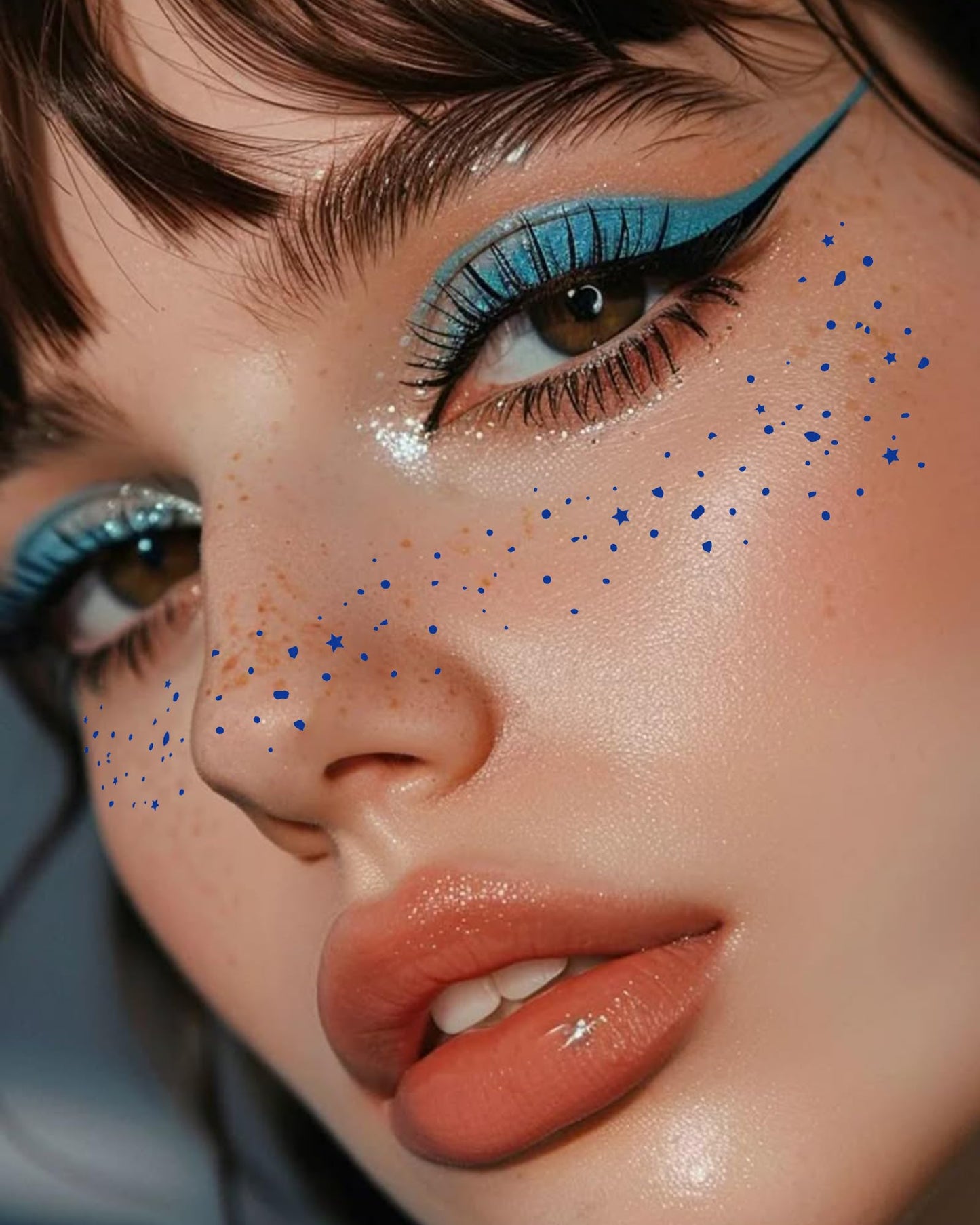 Gold cosmetic face glitter stars and freckles stickers applied on a model cheekbones for a rave outfit aesthetic.