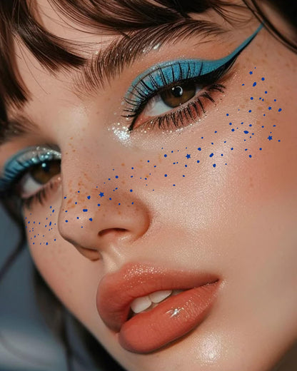 Gold cosmetic face glitter stars and freckles stickers applied on a model cheekbones for a rave outfit aesthetic.