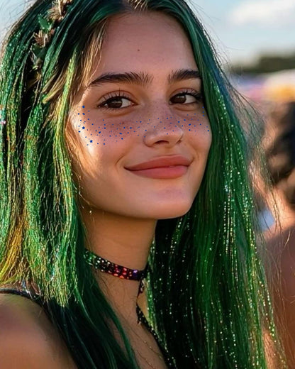 Demonstration of removing gold glitter freckles patches easily using a cotton pad and baby oil.