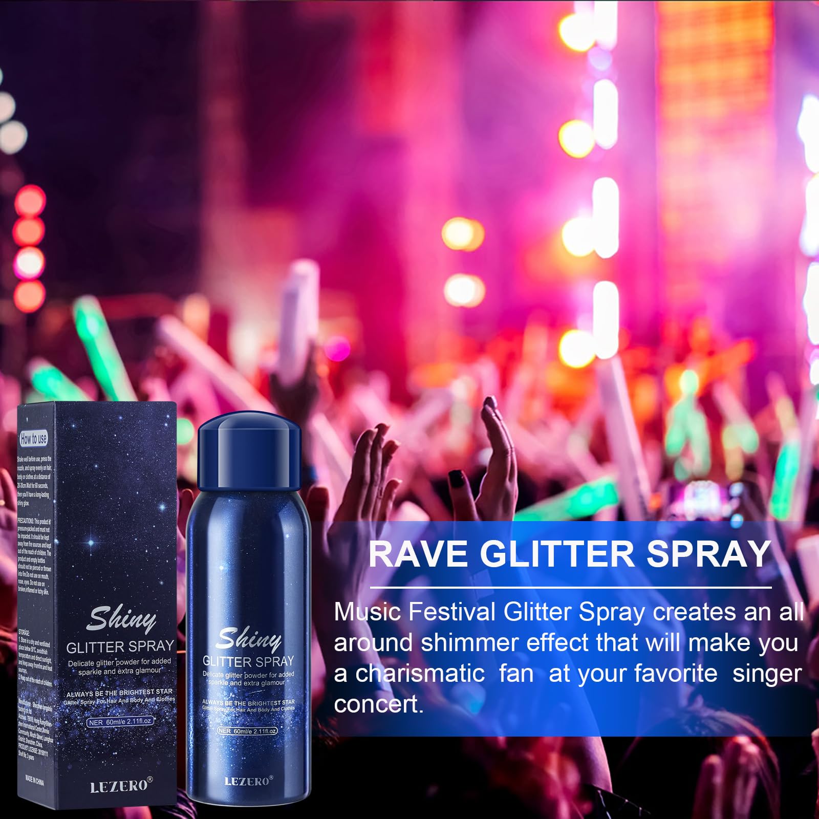 Lezero temporary holographic silver glitter spray packaging showing details and fluid ounces