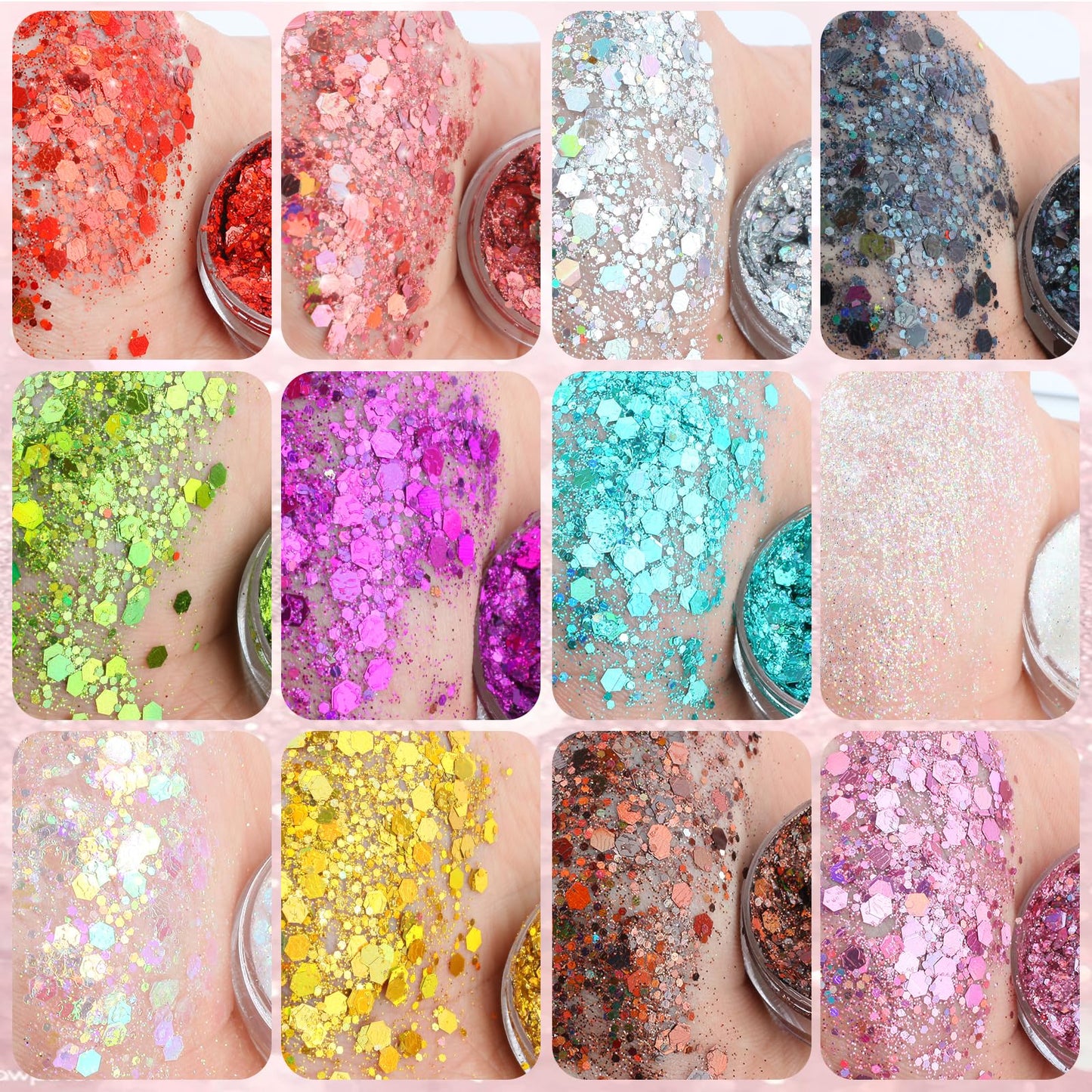 Twelve multi-colored jars of holographic face body and hair glitter displayed together with precision applicator