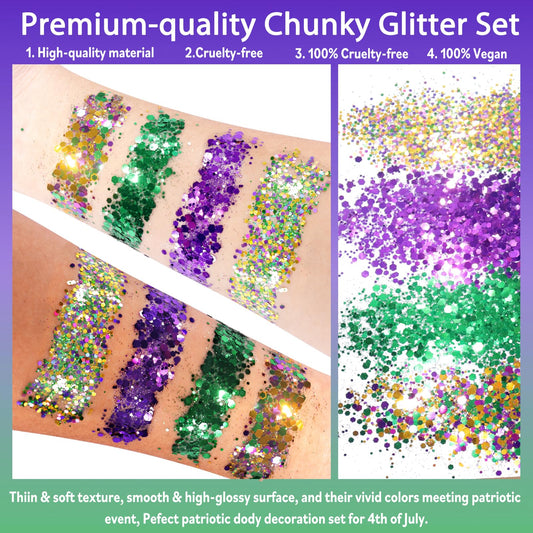 Allstarry holographic chunky body glitter jars displayed alongside two tubes of cosmetic glue and two applicators