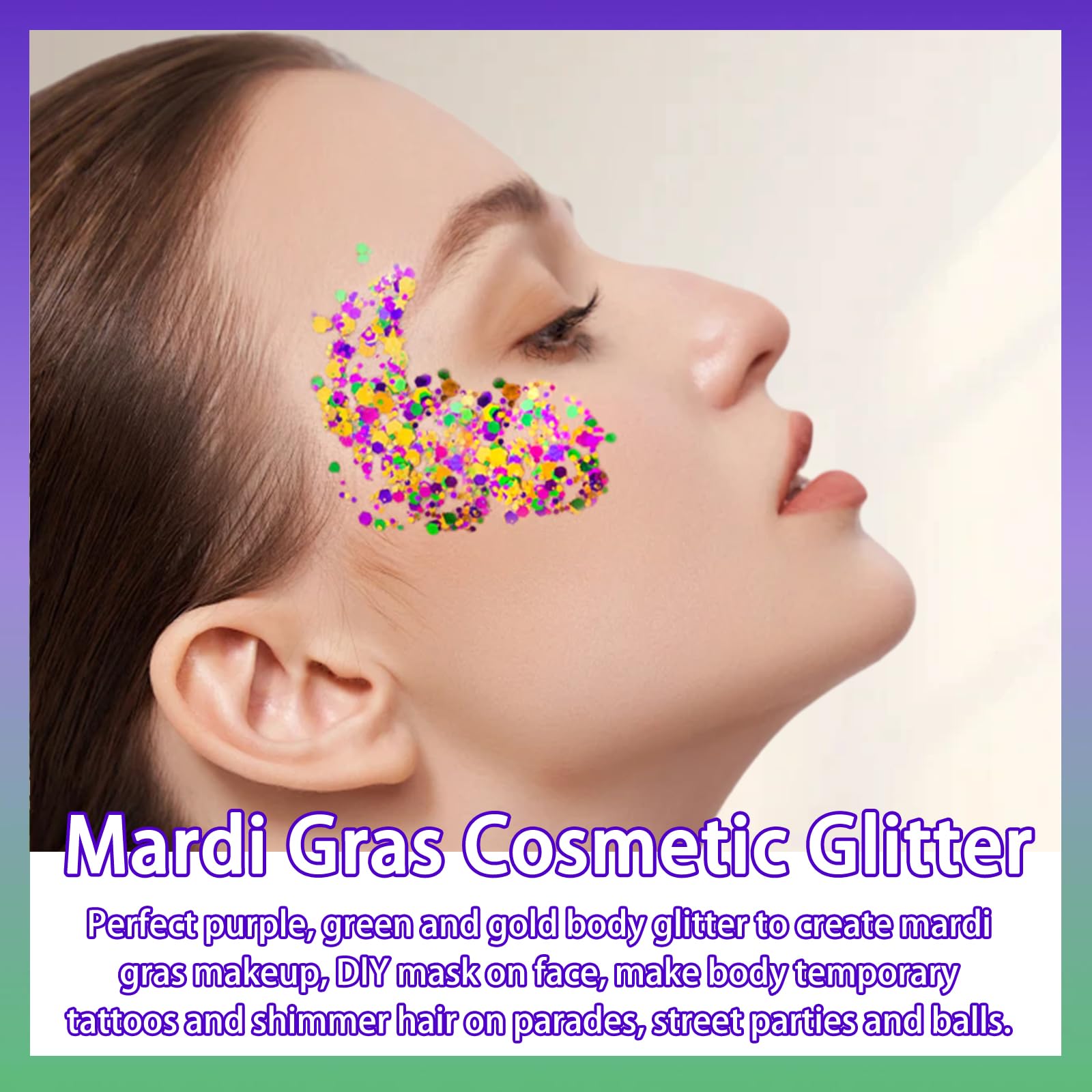 Close up of loose gold purple and green cosmetic grade eye glitter showing the reflective chameleon color shifting texture