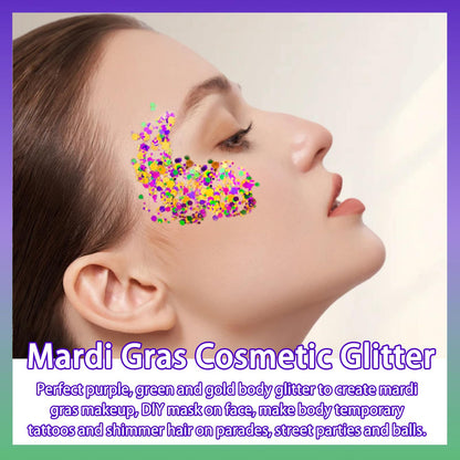 Close up of loose gold purple and green cosmetic grade eye glitter showing the reflective chameleon color shifting texture
