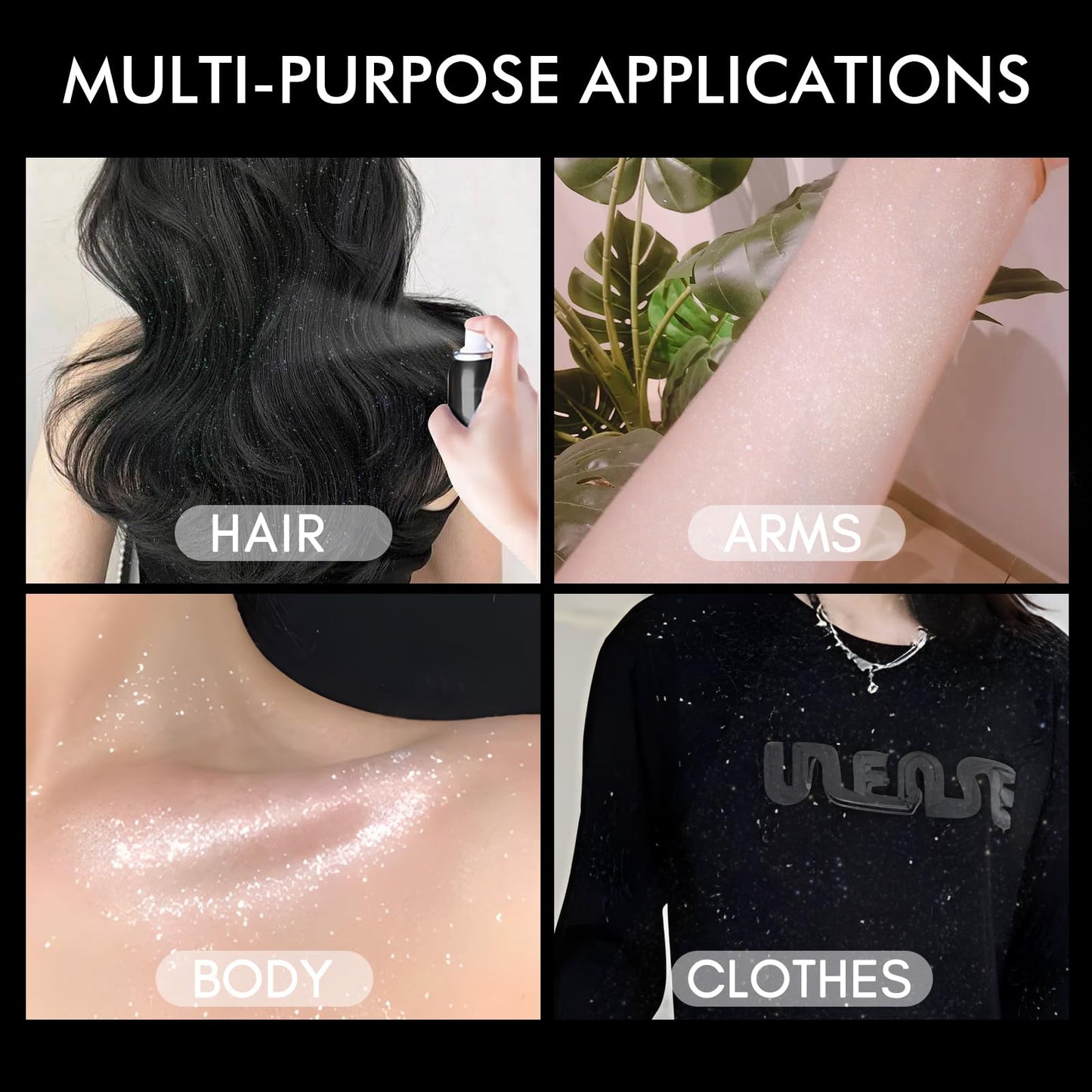 Multi purpose silver glitter spray applied on clothing and skin surfaces