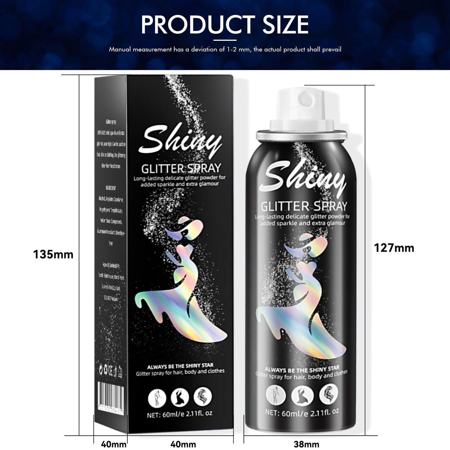Quick drying long lasting body glitter mist container size perspective