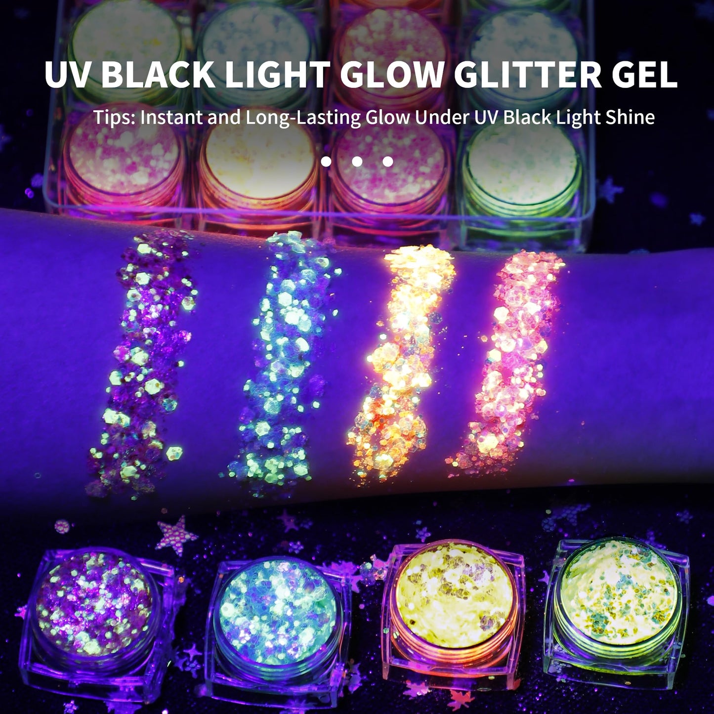 Glow in the dark and UV blacklight activation effect on skin with colorful glitter makeup