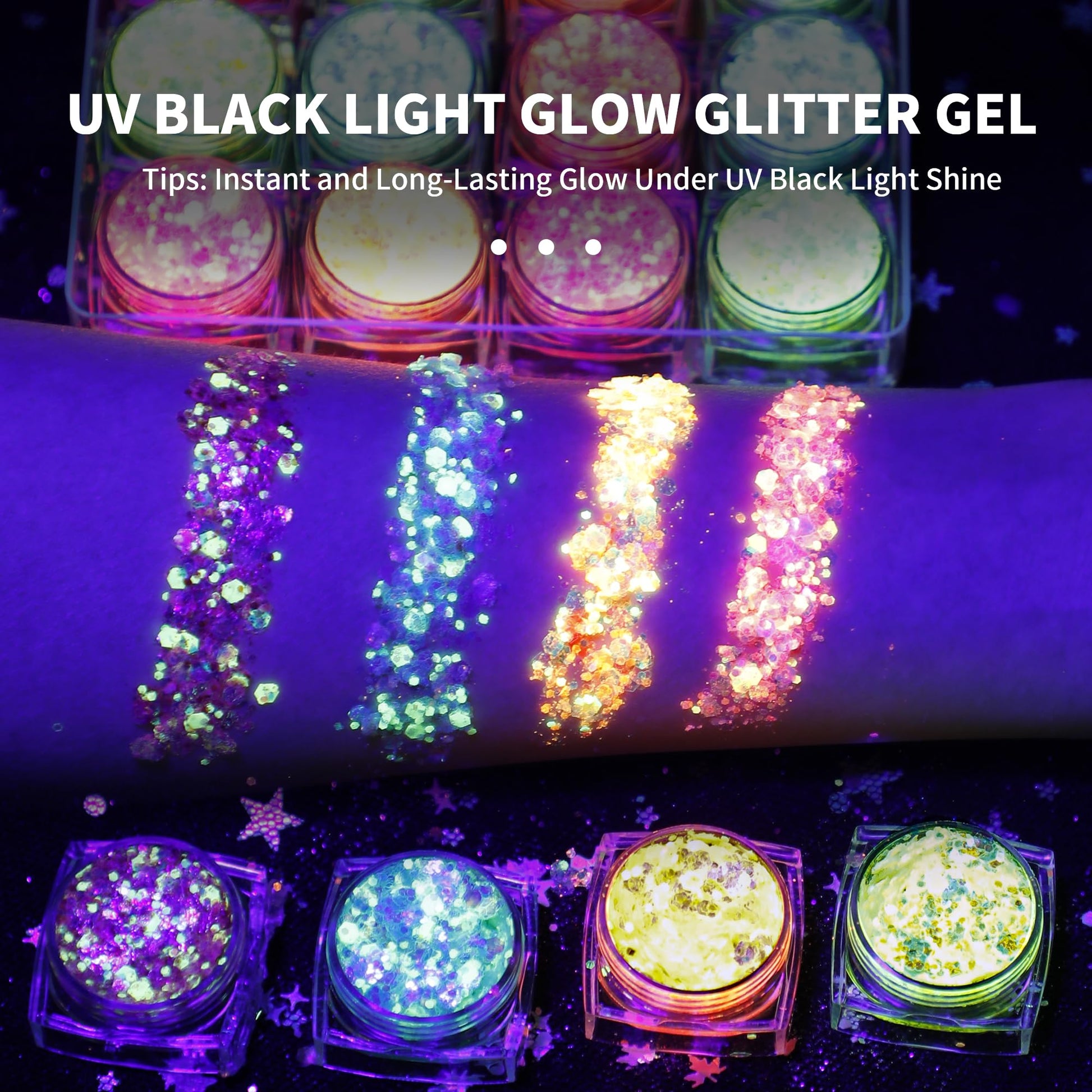 Glow in the dark and UV blacklight activation effect on skin with colorful glitter makeup