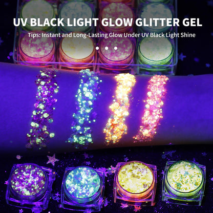 Glow in the dark and UV blacklight activation effect on skin with colorful glitter makeup
