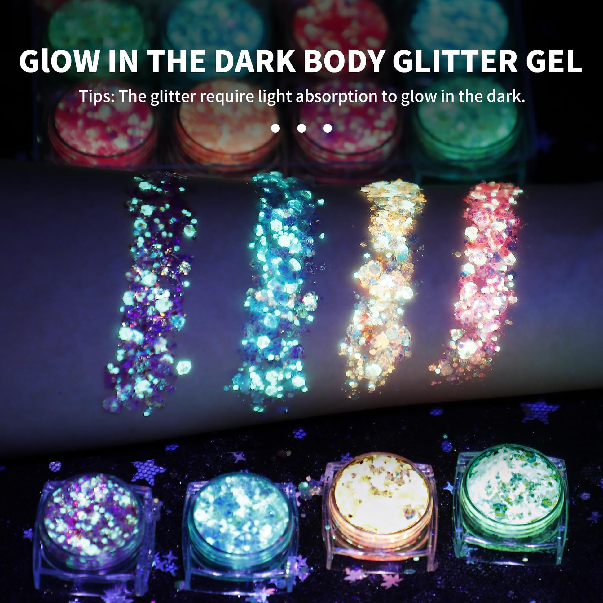 Self adhesive water based body glitter gel applied on hair and collarbones