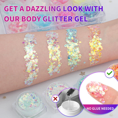Mess free festival makeup application using a cosmetic brush with transparent pots