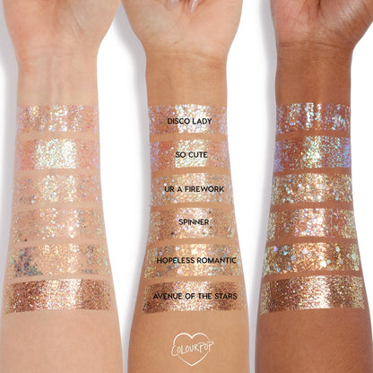 ColourPop body glitter gel open jar displaying round holographic sparkle texture