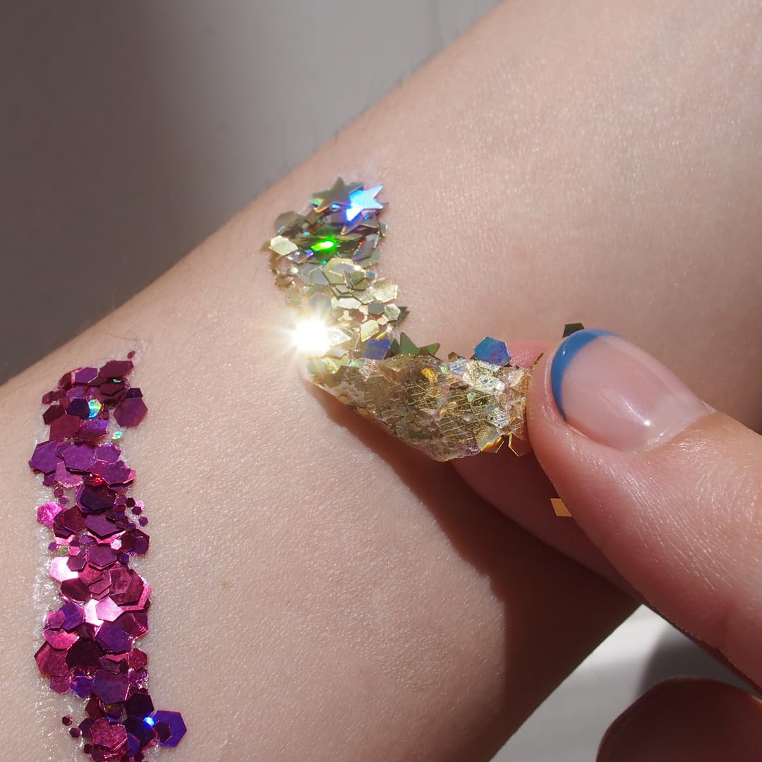 Peelable skin-safe makeup adhesive backing demonstrating clean and effortless glitter removal