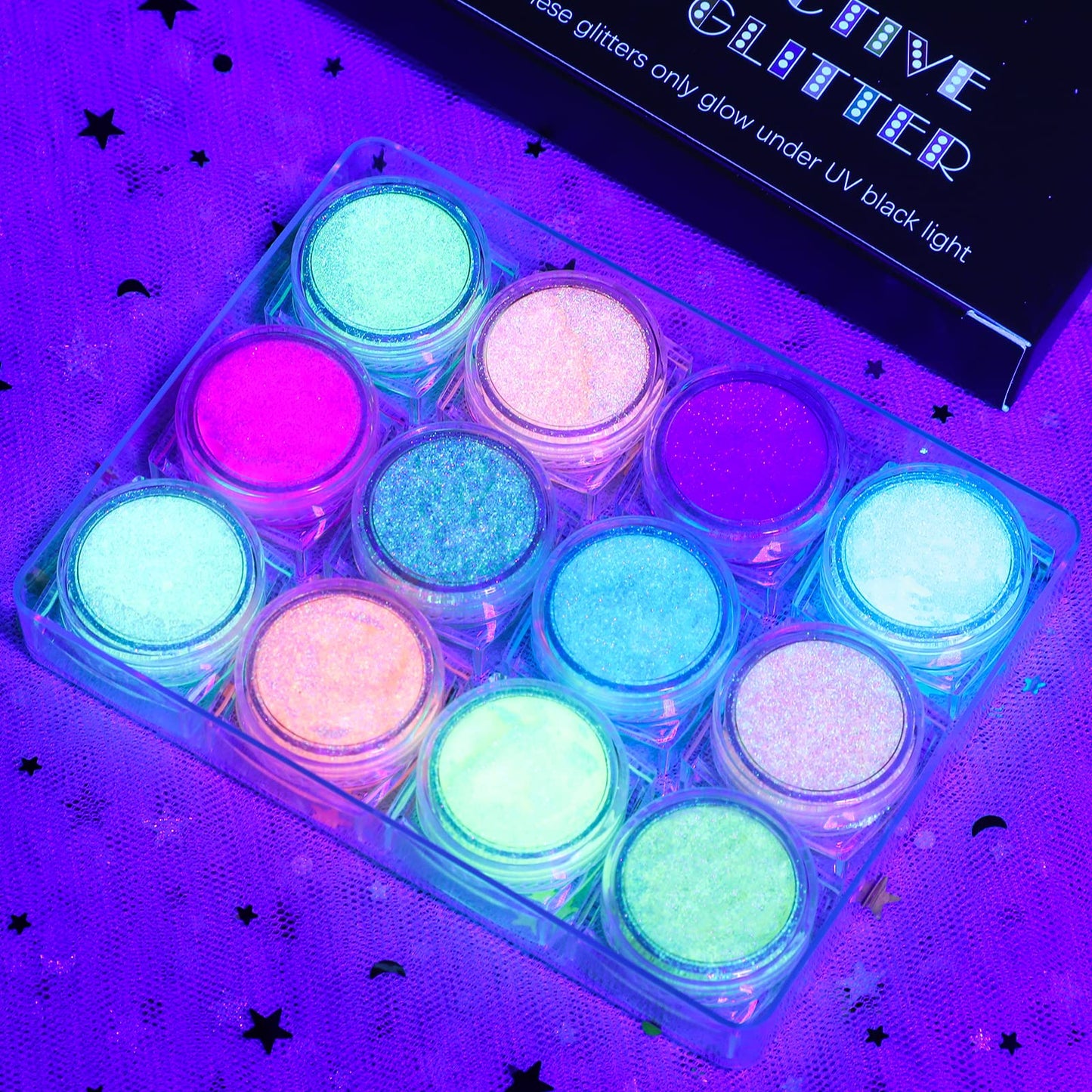 Swatch collection of twelve fine multi-colored UV festival body glitters side by side