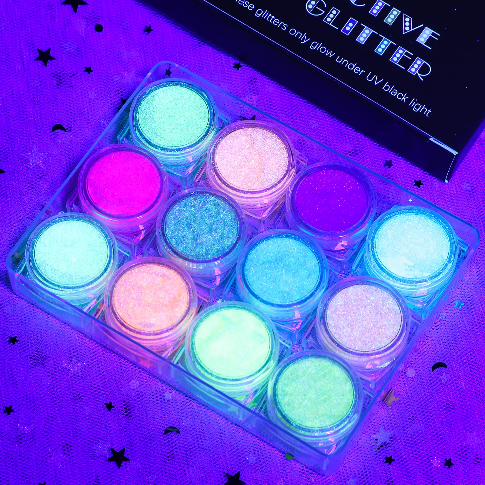 Swatch collection of twelve fine multi-colored UV festival body glitters side by side