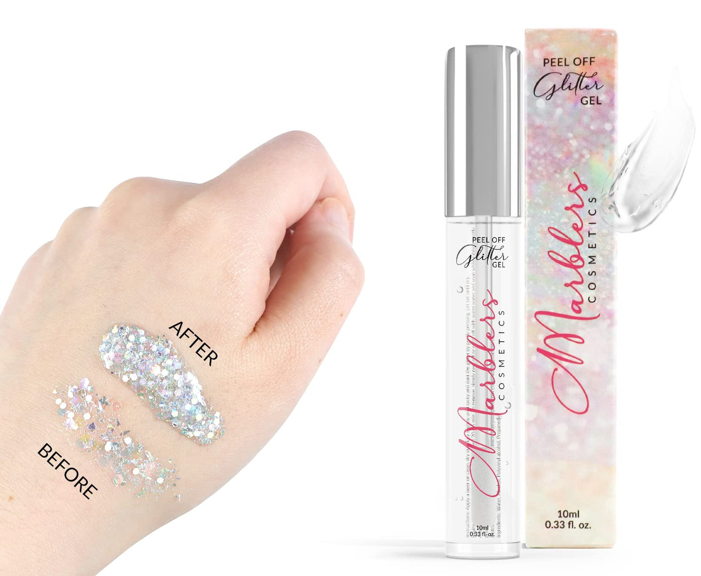Non toxic body and hair glitter packaging showing ingredients label
