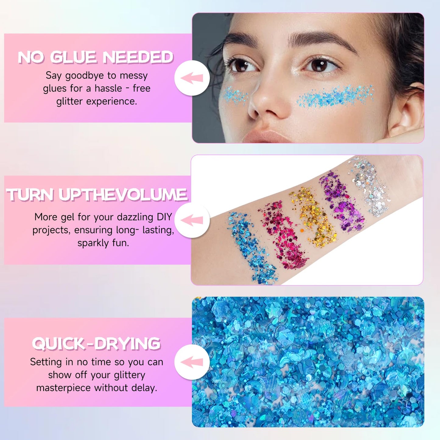 Model showing hot pink face and body glitter gel application on cheekbones for music festival makeup