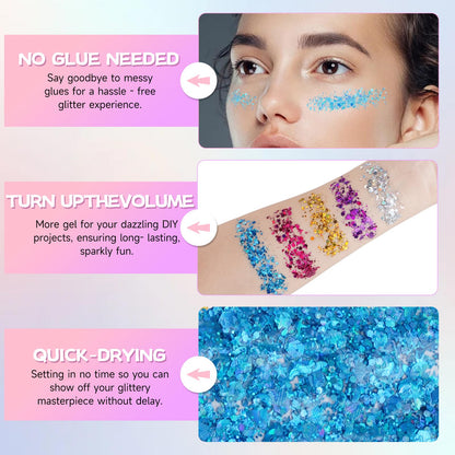 Model showing hot pink face and body glitter gel application on cheekbones for music festival makeup