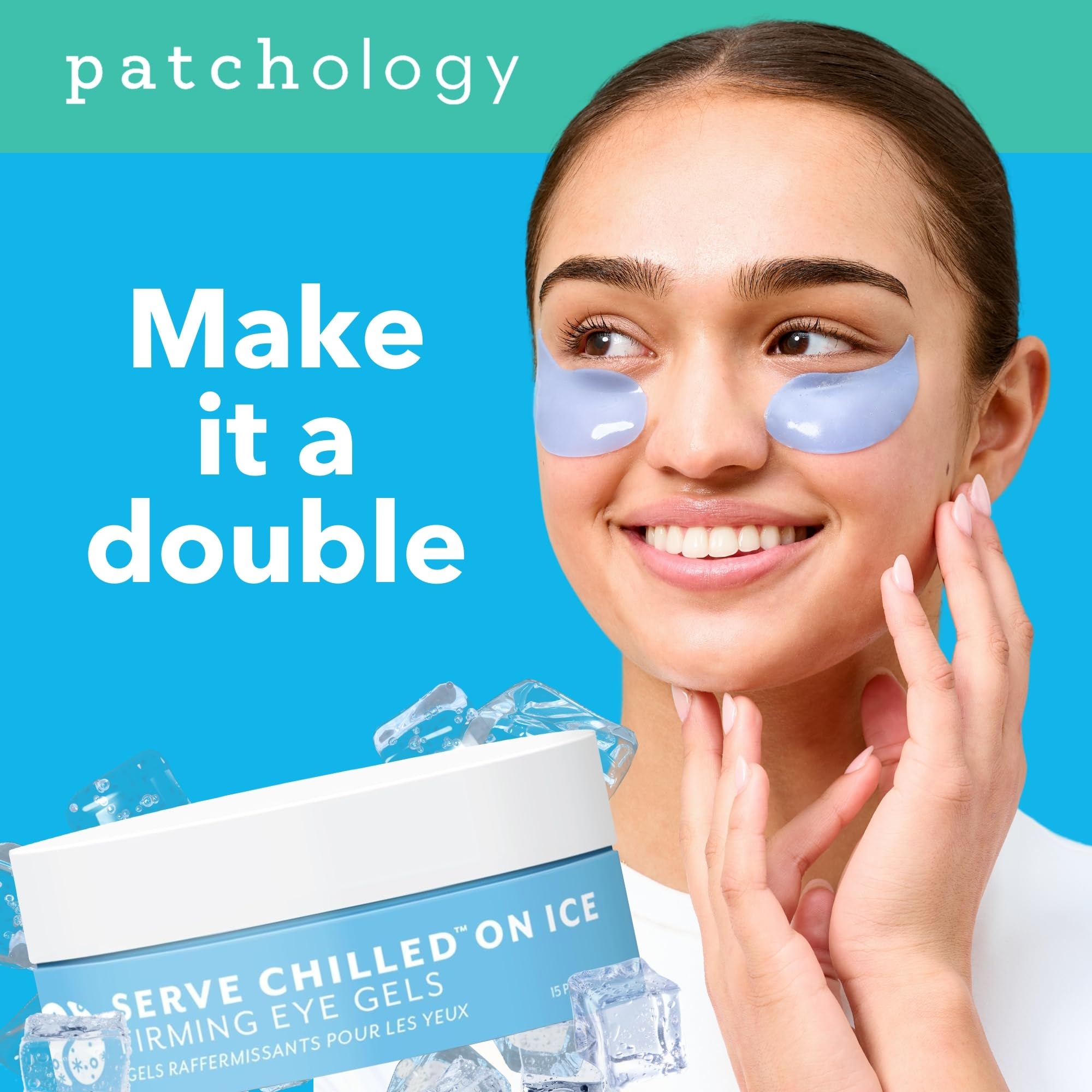 Close up of Patchology hydrogel eye patches on skin