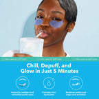 Model wearing cooling under eye gel patches for puffiness