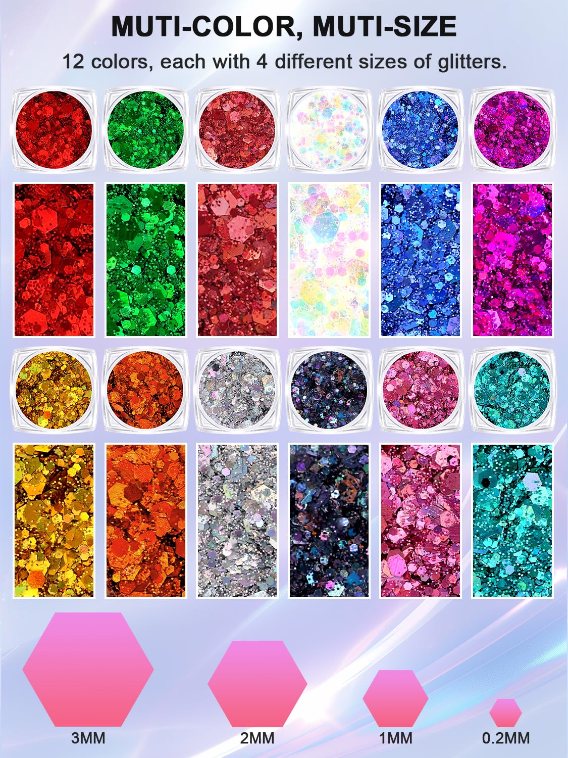 Skin safe paraben free body glitter set showing different iridescent color swatches
