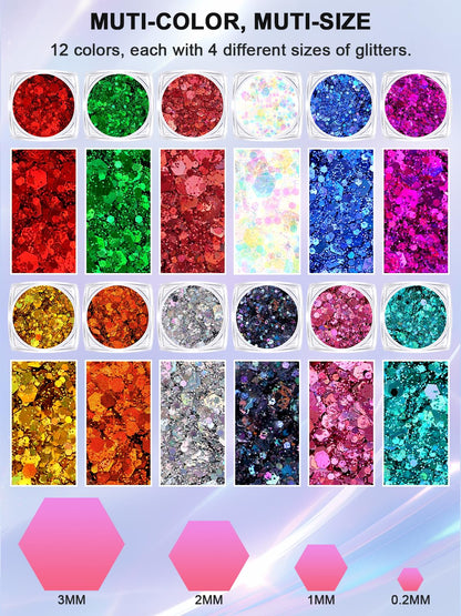 Skin safe paraben free body glitter set showing different iridescent color swatches